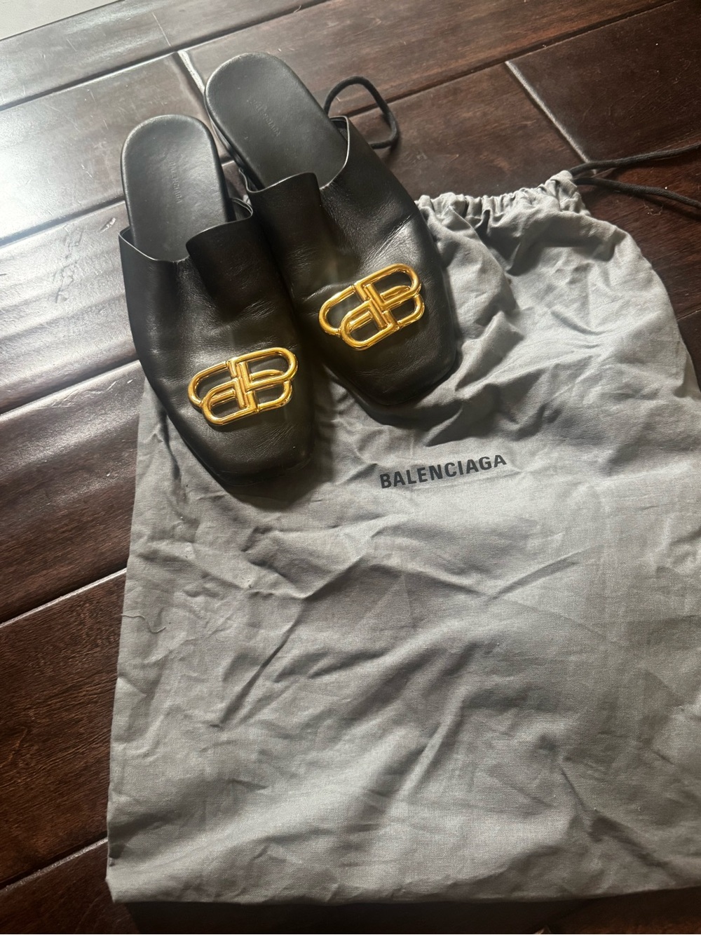 Balenciaga Black Leather Slides with Gold Double-B Emblem